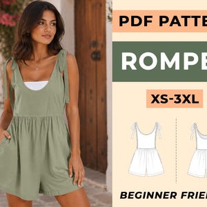 May include: A woman wearing a sage green romper with tie straps and pockets. The romper is paired with a white top. The image also includes a graphic with the text "PDF PATTERN ROMPER XS-3XL BEGINNER FRIENDLY".
