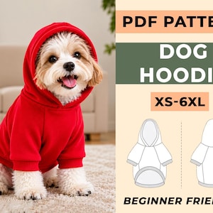 Pode incluir: Um cão pequeno vestindo um moletom vermelho brilhante, com o capuz levantado. A imagem também inclui um gráfico com o texto "PDF PATTERN DOG HOODIE XS-6XL BEGINNER FRIENDLY" e dois desenhos de linha do moletom.