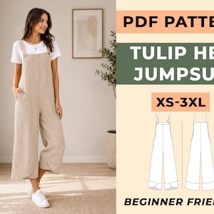 May include: A woman wearing a beige linen jumpsuit with a tulip hem, paired with a white t-shirt and sneakers. The image includes text that reads "PDF PATTERN TULIP HEM JUMPSUIT XS-3XL BEGINNER FRIENDLY".