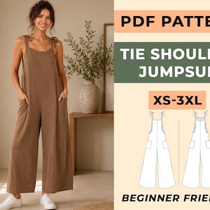 May include: A woman in a brown tie-shoulder jumpsuit with pockets and white trainers. The image includes a PDF pattern with the text "TIE SHOULDER JUMPSUIT" and size range "XS-3XL". The pattern is labeled "BEGINNER FRIENDLY".
