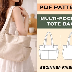 May include: A beige corduroy tote bag with multiple pockets is held by a person. The bag has two handles and side pockets. Text on the right reads "PDF PATTERN" and "MULTI-POCKET TOTE BAG". The text "BEGINNER FRIENDLY" is also visible.