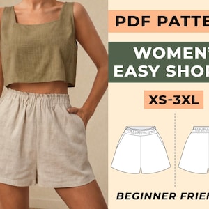 Puede incluir: Una persona viste un top corto verde y unos pantalones cortos beige. Los pantalones cortos tienen cintura elástica y bolsillos. La imagen incluye un gráfico con el texto "PDF PATTERN WOMEN'S EASY SHORTS XS-3XL BEGINNER FRIENDLY".