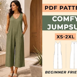 Può includere: Tuta senza maniche verde oliva con scollo a V e gambe larghe. La modella indossa la tuta e ha le mani in tasca. L'immagine include anche una grafica con il testo "PDF PATTERN COMFY JUMPSUIT XS-2XL BEGINNER FRIENDLY".