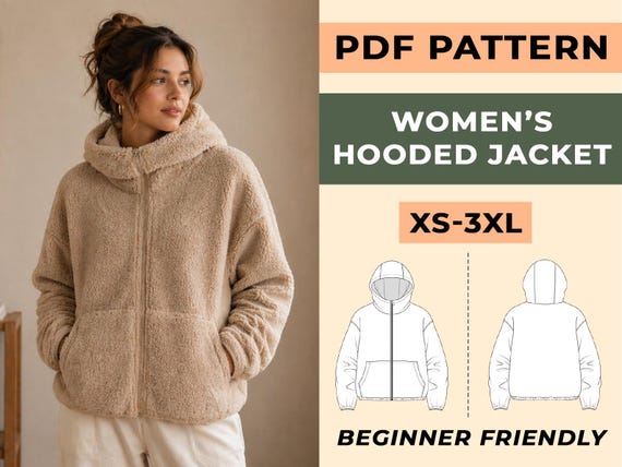 Women's Hooded Jacket Sewing Pattern | Zip-Up Fleece Hoodie (Beginner Friendly, XS-3XL)