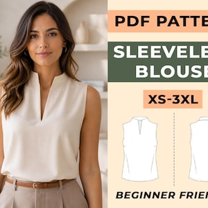 Könnte beinhalten: Eine Frau trägt eine cremefarbene ärmellose Bluse mit V-Ausschnitt. Das Bild enthält eine Grafik mit dem Text "PDF PATTERN SLEEVELESS BLOUSE XS-3XL BEGINNER FRIENDLY" und Strichzeichnungen der Bluse.