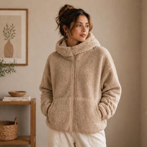 Zip up front detail from hooded jacket sewing pattern PDF for winter wear