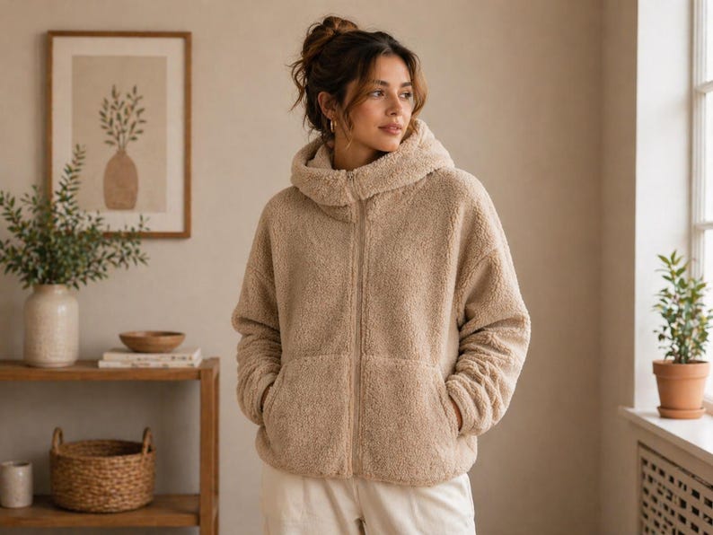 Zip up front detail from hooded jacket sewing pattern PDF for winter wear