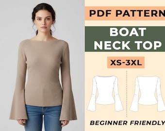 U-Boot-Ausschnitt Top Schnittmuster | Flare Langarm Strick Bluse (Digitaler Download)