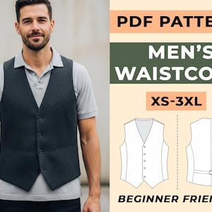 Op de afbeelding: Een donkergrijze gilet met een V-hals en knoopsluiting, gedragen over een grijze poloshirt. De afbeelding bevat ook een PDF-patroon voor een herenvest, met maten XS-3XL, en de tekst "Beginner Friendly".