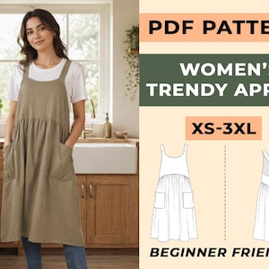 Peut inclure: Une femme porte un tablier kaki à poches dans une cuisine. L'image présente un patron PDF pour un "Tablier tendance pour femmes", disponible en tailles XS-3XL, et adapté aux débutants.