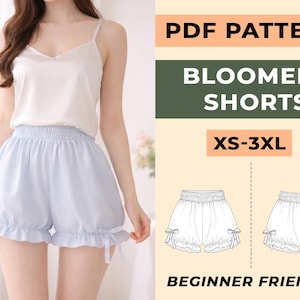 May include: A light blue pair of bloomers shorts with a ruffled hem and tie details. The shorts are paired with a white camisole. The image also includes text that reads "PDF Pattern", "Bloomers Shorts", "XS-3XL", and "Beginner Friendly".