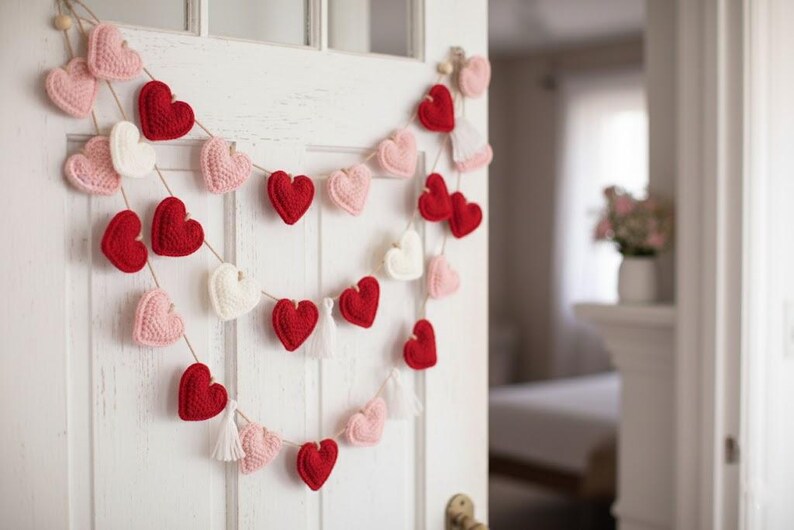Peut inclure: Une guirlande de c&oelig;urs faite &agrave; la main, rouge, rose et blanche, est suspendue &agrave; une porte blanche. Les c&oelig;urs crochet&eacute;s sont enfil&eacute;s sur de la ficelle naturelle, cr&eacute;ant une d&eacute;coration charmante et festive. Parfait pour la Saint-Valentin.