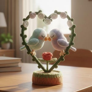 May include: Crocheted decorative piece featuring two birds kissing within a heart-shaped vine adorned with flowers. The birds are light blue and lavender, perched above a red rose. The base is a crocheted pot with orange and green accents.