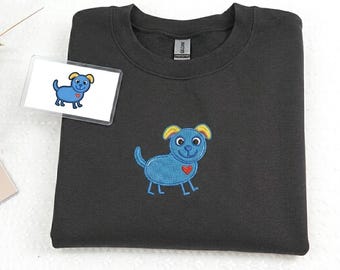 Sudadera bordada con cachorro adorable, sudadera infantil con cuello redondo estilo dibujo de perro, sudadera minimalista para mascotas, jersey azul con cachorro, regalo kawaii para perros