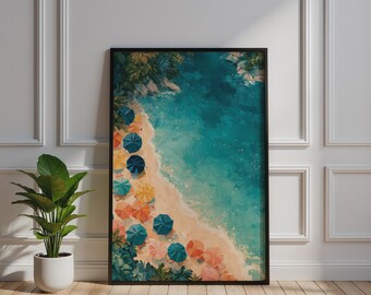 Aerial Mediterranean Beach Poster, Colourful Umbrellas Wall Art, Coastal Summer Print