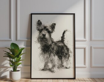 Schnauzer Charcoal Sketch Poster, Gestural Dog Art Print, Monochrome Wall Decor
