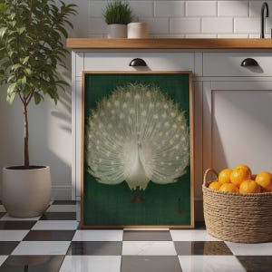 Lámina artística de pavo real blanco meticulosamente detallada, elegante decoración de pared, estilo botánico minimalista. imagen 2