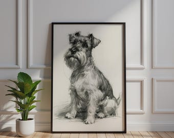 Schnauzer Sketch Poster, Graphite Pencil Dog Art Print, Monochrome Terrier Wall Art