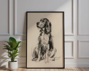 Charcoal Sketch Dog Poster, Loose Gestural Hound Art Print, Black Ink Wall Art