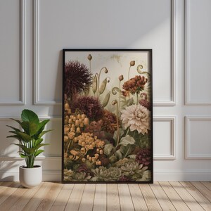 Vintage Botanical Tableau Poster, Dahlia Fern Mushroom Wall Art, Dark Floral Print