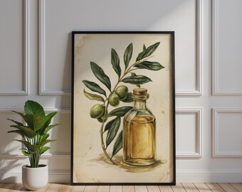 Vintage Botanical Olive Oil Print, Watercolour Olive Branch Wall Art Poster