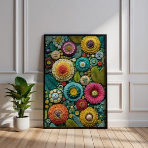 May include: A framed artwork featuring a vibrant floral design. The artwork showcases a variety of colorful, textured flowers in shades of yellow, orange, pink, and blue, with green leaves. The flowers appear to be made of buttons and other textured materials.