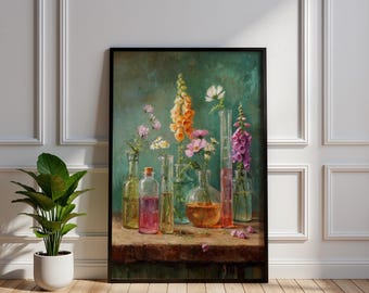 Vintage Science Lab Floral Art Print, Apothecary Bottle Botanical Poster, Dark Academia Wall Decor, Chemistry Vase Flower Illustration