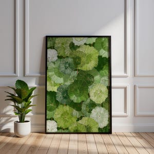 Stampa artistica moderna con foglia di loto / Illustrazione botanica verde per decorazione murale / Poster con motivo astratto di ninfea / Arredamento contemporaneo ispirato alla natura