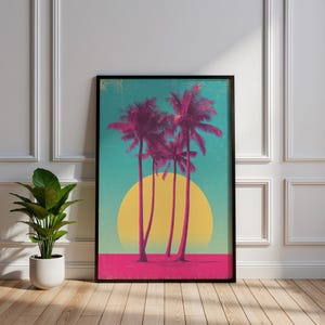 Retro Vaporwave Palm Trees Art Print | 80s Synthwave Poster | Tropical Aesthetic Wall Decor | Vintage Neon Wall Art