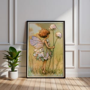 Vintage anjerfee Art Print grillige klaver poster Cottagecore kinderkamer kunst aan de muur retro verhalenboek illustratie schattige pixie-tekening