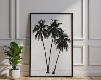 Minimalist Black and White Palm Tree Poster, Coastal Wall Art Print, Tropical Decor