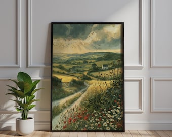Póster de paisaje rural, arte mural campestre pictórico, lámina de campos de amapolas y margaritas