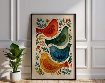 Lámina artística de aves de arte popular - Ilustración colorida de estilo escandinavo - Decoración de pared con pájaros cantores - Póster rústico floral de naturaleza para habitación infantil
