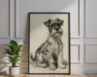 Schnauzer Terrier Pencil Sketch Poster, Monochrome Dog Wall Art, Graphite Print
