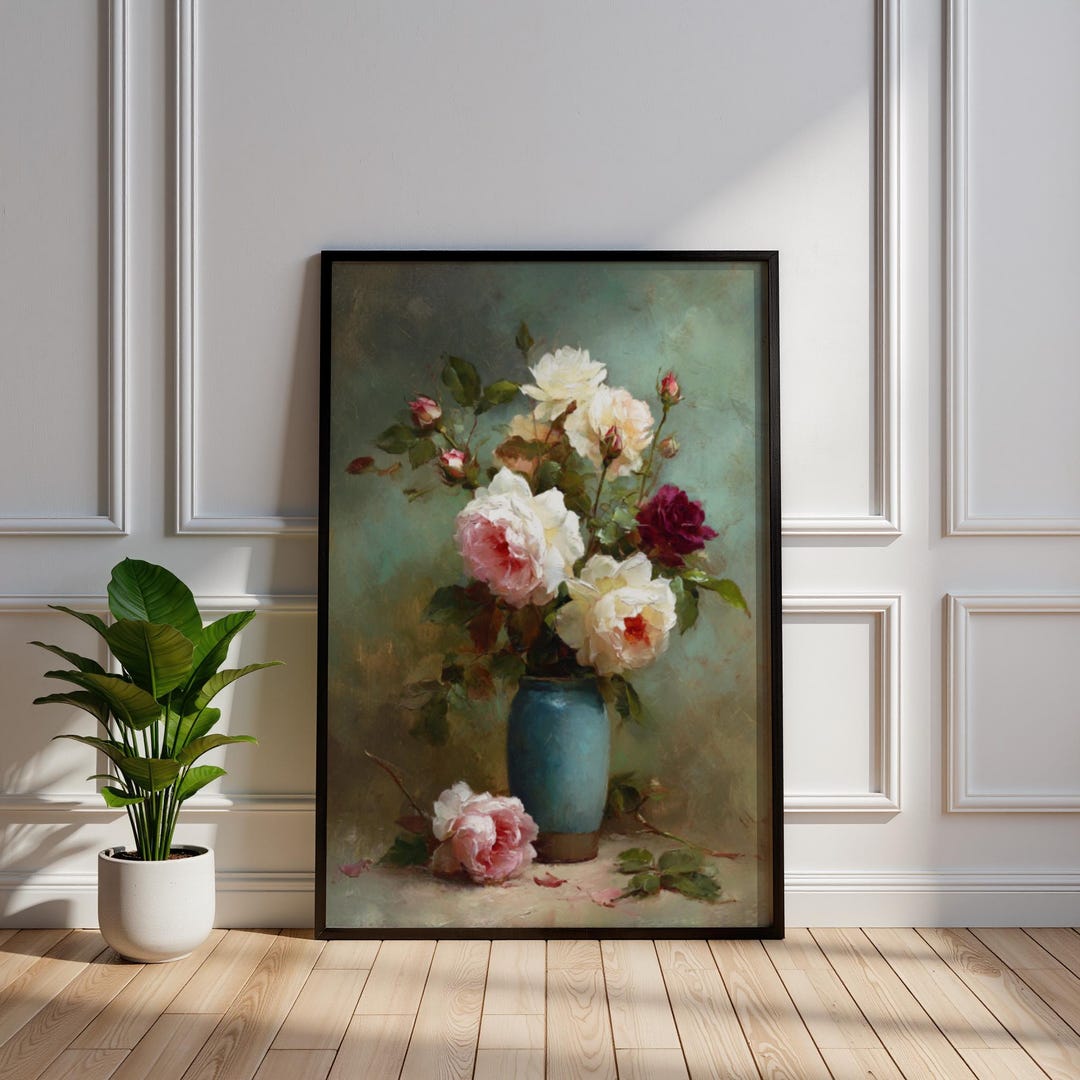 Vintage Rose Oil Painting Print, Antique Floral Still Life Art, Moody ...
