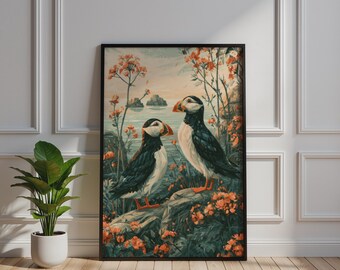 Atlantic Puffin Pair Poster, Coastal Bird Wall Art, Floral Seabird Print, Teal Orange