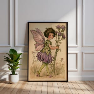 May include: A framed wall art print featuring a whimsical illustration of a fairy with short brown hair, light pink wings, and a purple petal skirt. The fairy is holding a tall stem of purple thistle flowers in a field with a beige background.