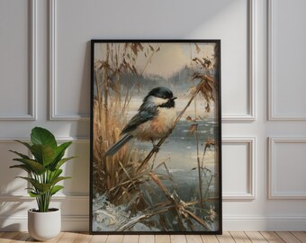 Chickadee Winter Poster, Painterly Oil Canvas Bird Art Print, Frozen Lake Wall Decor