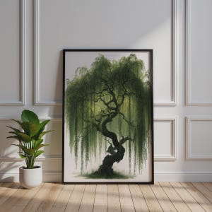 May include: A framed vertical wall art print featuring a detailed illustration of a weeping willow tree with a dark, twisted trunk and long, flowing green branches that hang downward against a light, off-white background.