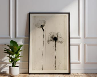 Lámina artística de amapola estilo boceto minimalista, dibujo floral monocromático, decoración de pared, obra de arte botánica vintage, póster de flores delicadas, regalo
