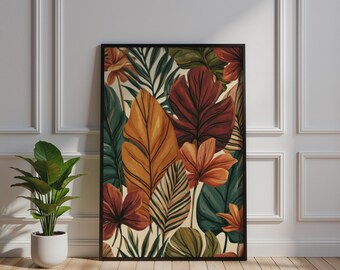 Póster con estampado botánico tropical de hojas, arte de pared en tonos tierra, lámina con estampado de follaje de la selva.