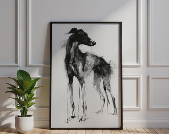 Greyhound Gestural Sketch Poster, Monochrome Sighthound Wall Art, Black Grey Dog Print