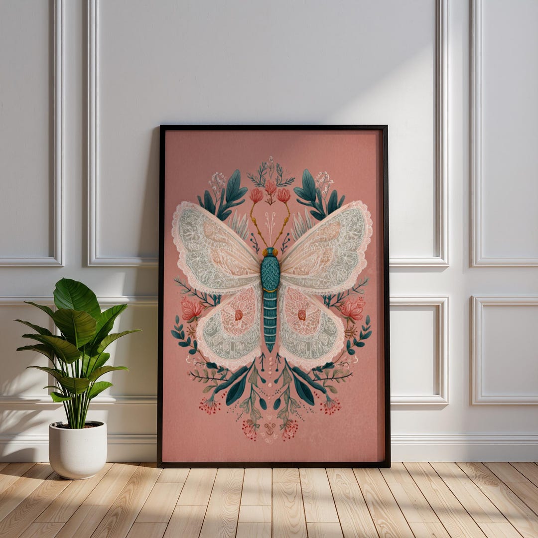 Folk Art Butterfly Print, Botanical Moth Wall Art, Pink and Teal Insect ...