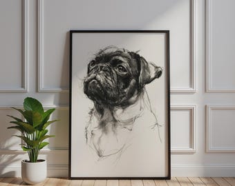 Pug Portrait Poster, Monochrome Charcoal Sketch Dog Wall Art, Black White Print