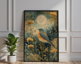 Folk Art Robin Poster, Songbird Full Moon Botanical Wall Art, Teal Gold Floral Bird Print