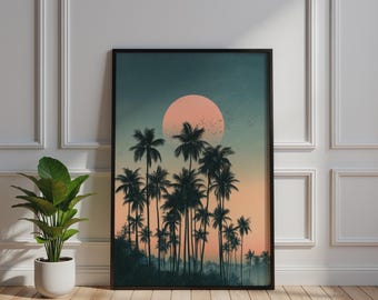 Tropical Palm Tree Silhouette Poster, Sunset Moon Wall Art, Teal Pink Retro Print