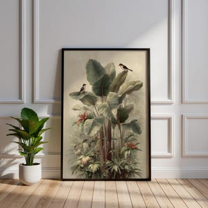 May include: A framed botanical print depicting a tropical plant with large green leaves and red flowers. Two small birds are perched on the leaves. The artwork is displayed against a white wall. A potted plant is in the foreground.