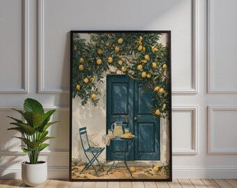 Mediterranean Lemon Courtyard Poster, Blue Door Wall Art, Sunny Tuscan Print