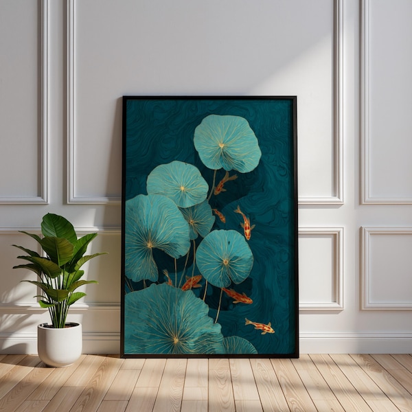 Japanese Koi Pond Print, Teal Water Lily Wall Art, Minimalist Asian Botanical Illustration, Zen Home Decor
