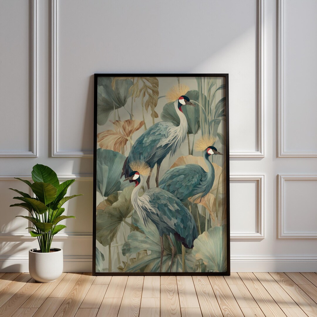 Vintage Crane Botanical Art Print, Chinoiserie Heron Wall Decor ...